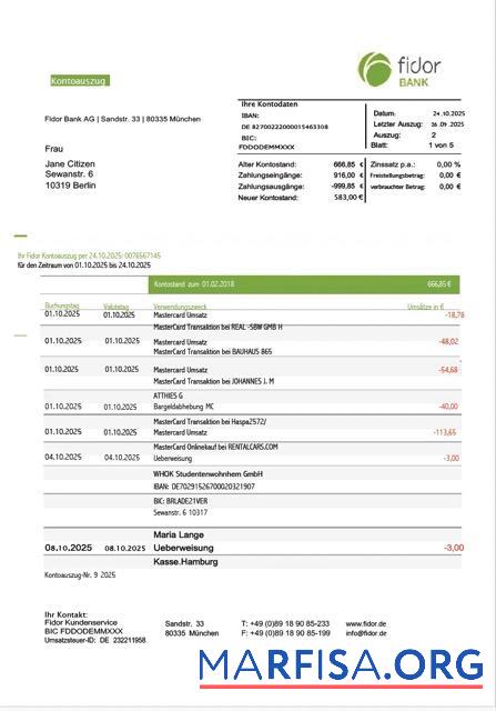 Printable Germany Fidor bank statement word real example